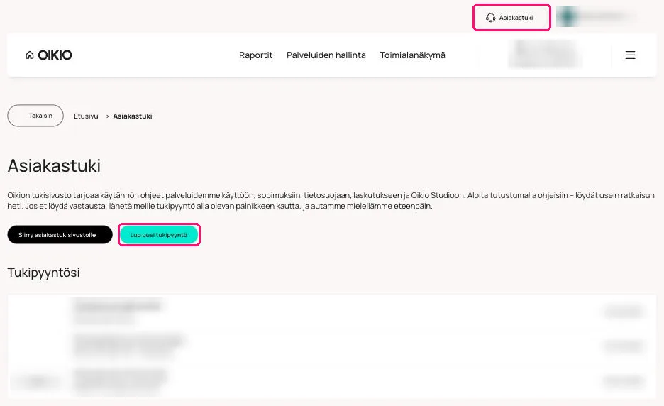 Oikio Studion Asiakastuki-sivu, jossa Asiakastuki-linkki ja Luo uusi tukipyyntö -painike on korostettu