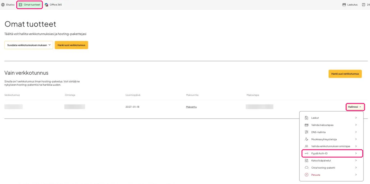 one.comin Omat tuotteet -sivu, jossa Hallinnoi-valikko ja Pyydä Auth-ID on korostettu