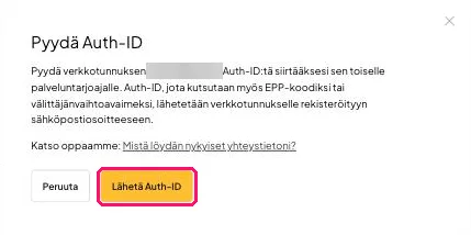 one.comin Pyydä Auth-ID -ikkuna, jossa Lähetä Auth-ID -painike on korostettu