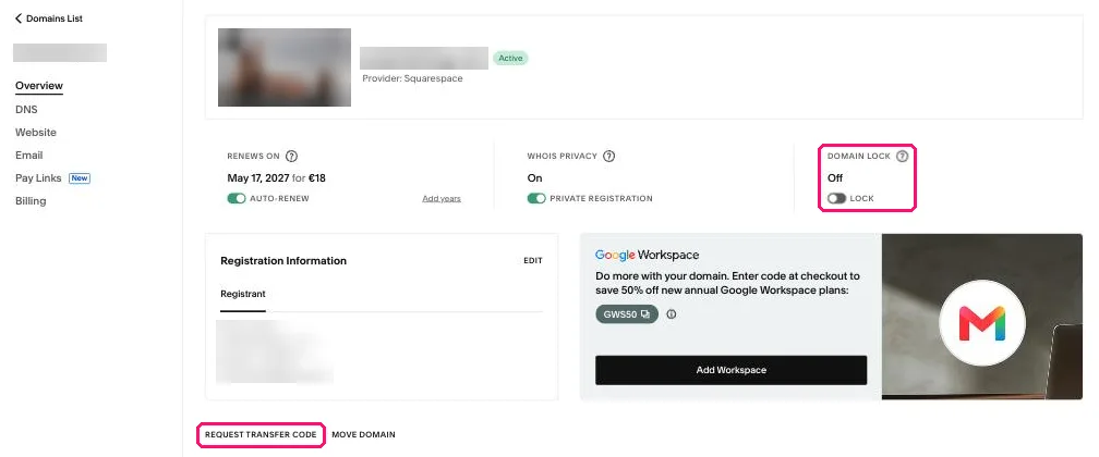 Squarespacen verkkotunnussivu, jossa Domain Lock ja Request transfer code on korostettu