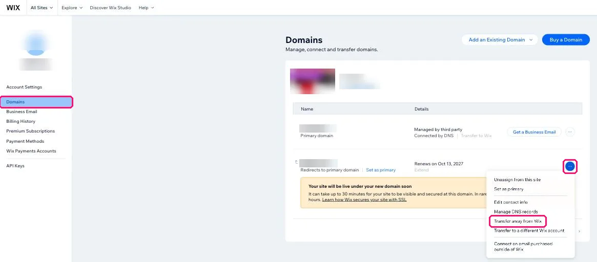 Wixin Domains-sivu, jossa verkkotunnuksen valikko ja Transfer away from Wix on korostettu
